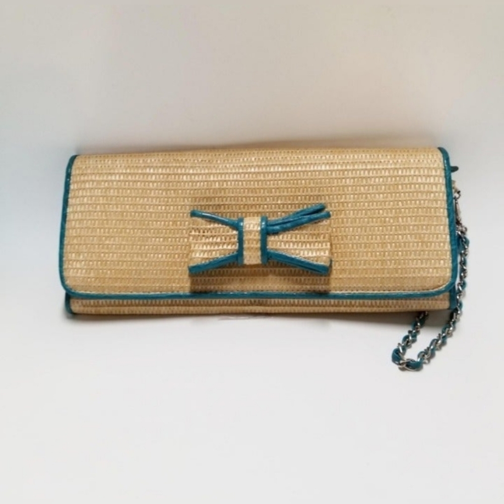 Bueno Beige Clutch with Teal Trim and Bow Accent